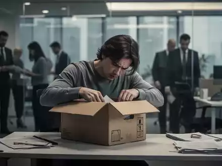 Eine Person packt persönliche Gegenstände in eine Kiste an einem Schreibtisch in einem modernen, unscharfen Büro. - Foto: über boerse-global.de