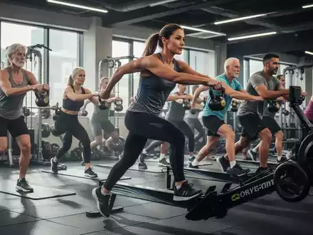 Eine Gruppe von Menschen unterschiedlichen Alters trainiert in einem modernen Fitnessstudio mit Kettlebells und Rudergeräten. - Foto: über boerse-global.de