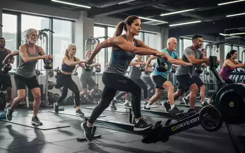 Eine Gruppe von Menschen unterschiedlichen Alters trainiert in einem modernen Fitnessstudio mit Kettlebells und Rudergeräten. - Foto: über boerse-global.de