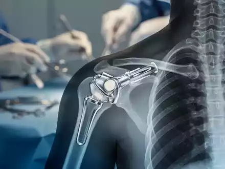 Nahaufnahme einer Schulter auf einem Röntgenbild mit einer Schulterprothese, im Hintergrund unscharf medizinische Instrumente. - Foto: über boerse-global.de