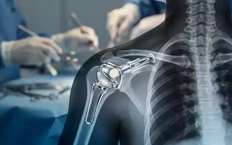 Nahaufnahme einer Schulter auf einem Röntgenbild mit einer Schulterprothese, im Hintergrund unscharf medizinische Instrumente. - Foto: über boerse-global.de
