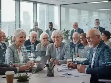 Ältere Menschen arbeiten in einem modernen Büro, symbolisieren längere Arbeitszeiten und Rentenreformen. - Foto: über boerse-global.de