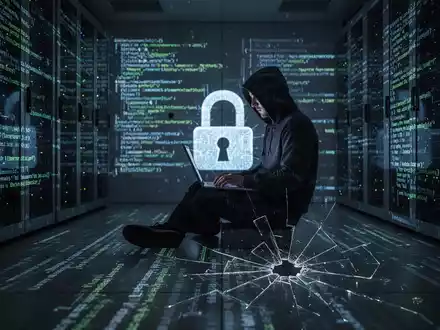 Verschwommene Gestalt in Kapuzenjacke tippt auf Laptop in Serverraum, leuchtender Code an den Wänden. - Foto: über boerse-global.de