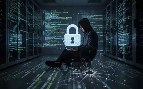 Verschwommene Gestalt in Kapuzenjacke tippt auf Laptop in Serverraum, leuchtender Code an den Wänden. - Foto: über boerse-global.de