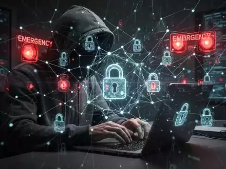 Schattenfigur tippt auf Laptop mit leuchtendem Netzwerk und digitalen Schlössern, Symbol für Cyberkriminalität und kritische Infrastruktur. - Foto: über boerse-global.de