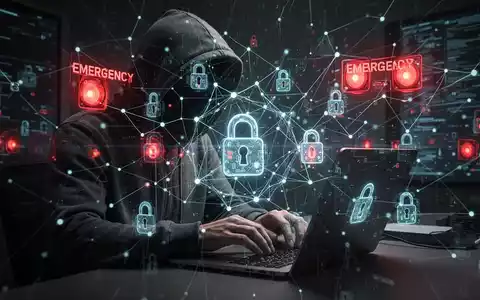 Schattenfigur tippt auf Laptop mit leuchtendem Netzwerk und digitalen Schlössern, Symbol für Cyberkriminalität und kritische Infrastruktur. - Foto: über boerse-global.de