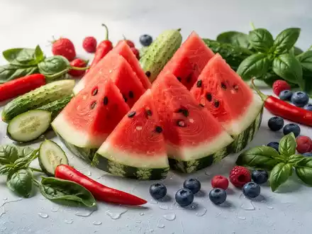 Eine Nahaufnahme von frischen, kühlenden Lebensmitteln: Wassermelone, Gurke, Chili, Beeren, Spinat und Basilikum auf einem hellen Hintergrund. - Foto: über boerse-global.de