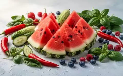 Eine Nahaufnahme von frischen, kühlenden Lebensmitteln: Wassermelone, Gurke, Chili, Beeren, Spinat und Basilikum auf einem hellen Hintergrund. - Foto: über boerse-global.de