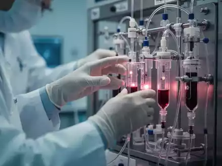 Hände eines Forschers, die eine Blutfiltrationsmaschine bedienen, mit unscharfem Hintergrund und wissenschaftlicher Atmosphäre. - Foto: über boerse-global.de