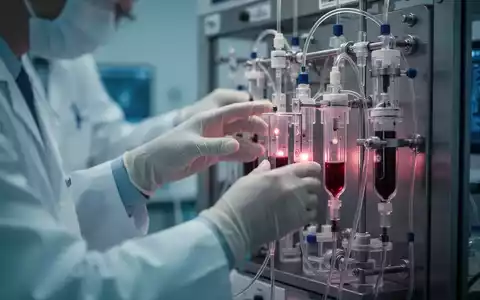 Hände eines Forschers, die eine Blutfiltrationsmaschine bedienen, mit unscharfem Hintergrund und wissenschaftlicher Atmosphäre. - Foto: über boerse-global.de