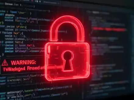 Ein bedrohliches, rot leuchtendes Vorhängeschloss-Symbol über einem unscharfen Computerbildschirm mit Code und Warnmeldungen. - Foto: über boerse-global.de