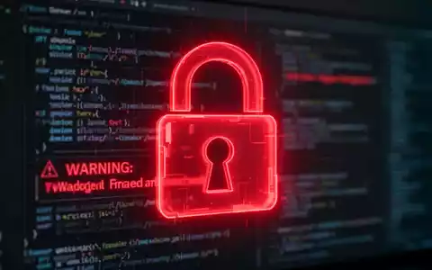 Ein bedrohliches, rot leuchtendes Vorhängeschloss-Symbol über einem unscharfen Computerbildschirm mit Code und Warnmeldungen. - Foto: über boerse-global.de