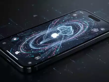 Nahaufnahme eines Smartphone-Bildschirms mit abstrakter, leuchtender KI- und Datenoberfläche, dezentem Apple-Logo. - Foto: über boerse-global.de