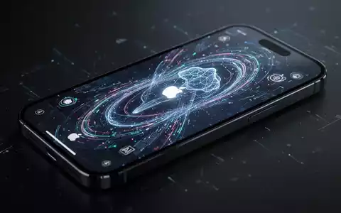 Nahaufnahme eines Smartphone-Bildschirms mit abstrakter, leuchtender KI- und Datenoberfläche, dezentem Apple-Logo. - Foto: über boerse-global.de