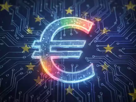 Leuchtendes, abstraktes digitales Euro-Symbol mit EU-Flaggenfarben auf Leiterplattenmuster, digitale Finanzen darstellend. - Foto: über boerse-global.de
