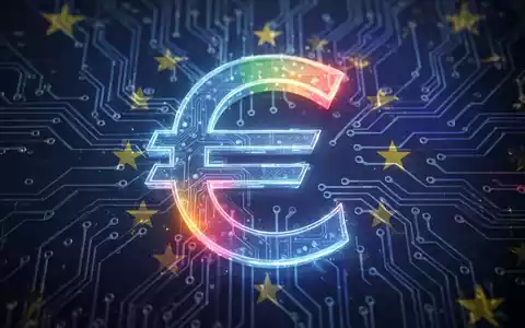 Leuchtendes, abstraktes digitales Euro-Symbol mit EU-Flaggenfarben auf Leiterplattenmuster, digitale Finanzen darstellend. - Foto: über boerse-global.de