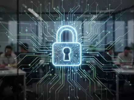 Ein stilisiertes, leuchtendes Vorhängeschloss-Symbol über einem komplexen digitalen Netzwerk, das Cybersicherheit im Arbeitsumfeld darstellt. - Foto: über boerse-global.de