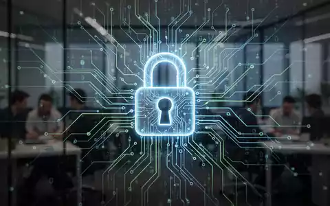 Ein stilisiertes, leuchtendes Vorhängeschloss-Symbol über einem komplexen digitalen Netzwerk, das Cybersicherheit im Arbeitsumfeld darstellt. - Foto: über boerse-global.de