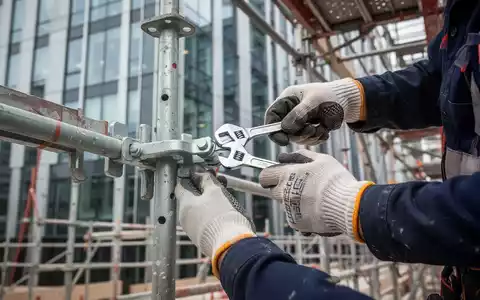 Nahaufnahme von Händen eines Bauarbeiters mit Schutzhandschuhen, der eine Gerüstklemme mit einem Schraubenschlüssel befestigt. - Foto: über boerse-global.de