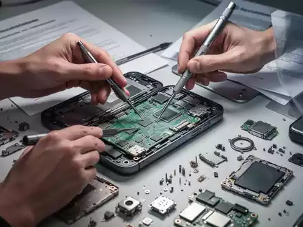 Nahaufnahme von Händen, die mit Werkzeug eine elektronische Geräteplatine reparieren, umgeben von Ersatzteilen auf einer Werkbank. - Foto: über boerse-global.de
