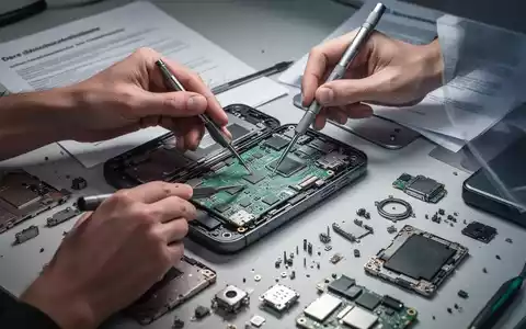 Nahaufnahme von Händen, die mit Werkzeug eine elektronische Geräteplatine reparieren, umgeben von Ersatzteilen auf einer Werkbank. - Foto: über boerse-global.de