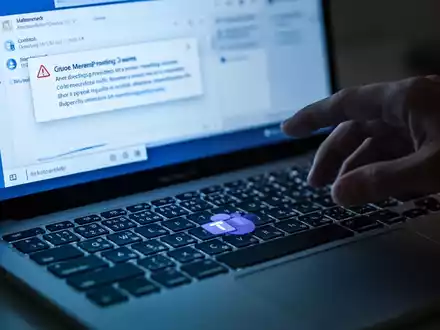 Laptop-Tastatur mit dezentem Microsoft Teams-Logo auf einer Taste, spiegelt Bildschirm mit Outlook-Fehlermeldung. - Foto: über boerse-global.de