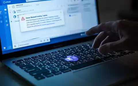 Laptop-Tastatur mit dezentem Microsoft Teams-Logo auf einer Taste, spiegelt Bildschirm mit Outlook-Fehlermeldung. - Foto: über boerse-global.de