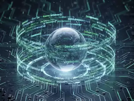 Abstrakte Darstellung digitaler Sicherheit: Leuchtende Codezeilen bilden eine Schutzbarriere um eine Kugel, die eine sichere Sandbox symbolisiert. - Foto: über boerse-global.de