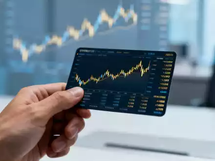 Eine Hand hält eine Aktienurkunde oder ein Smartphone mit Börsendaten vor einem verschwommenen Finanzbüro. Repräsentiert Aktienoptionen. - Foto: über boerse-global.de