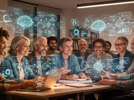 Erwachsene Lernende in einem modernen Klassenzimmer mit holografischen KI-Algorithmen, die Umschulung für die Zukunft symbolisieren. - Foto: über boerse-global.de