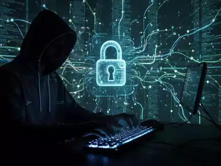 Verschwommene Gestalt tippt auf Tastatur, digitale Netzlinien und Schloss-Symbol im Hintergrund, symbolisiert KI-Cyberrisiken. - Foto: über boerse-global.de