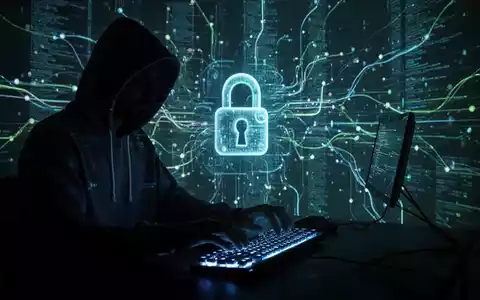 Verschwommene Gestalt tippt auf Tastatur, digitale Netzlinien und Schloss-Symbol im Hintergrund, symbolisiert KI-Cyberrisiken. - Foto: über boerse-global.de