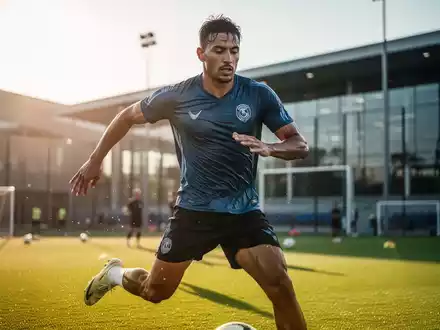 Ein Profifußballer trainiert bei hohen Temperaturen auf einem sonnigen Sportplatz, zeigt Anstrengung und Konzentration. - Foto: über boerse-global.de
