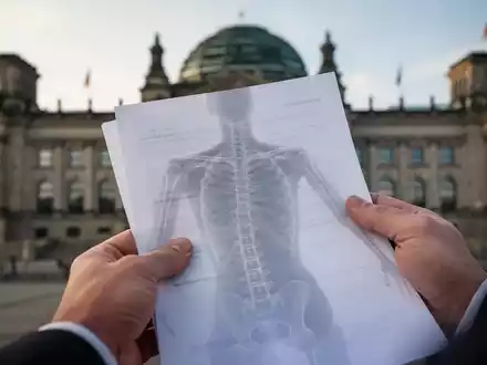 Eine Hand hält ein Dokument mit der schemenhaften Abbildung einer Wirbelsäule vor verschwommenen Parlamentsgebäuden. - Foto: über boerse-global.de