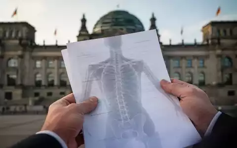 Eine Hand hält ein Dokument mit der schemenhaften Abbildung einer Wirbelsäule vor verschwommenen Parlamentsgebäuden. - Foto: über boerse-global.de