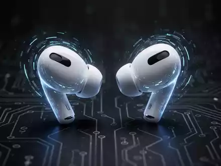 Nahaufnahme von Apple AirPods Pro Ohrhörern, dezent leuchtend, vor dunklem High-Tech-Hintergrund mit Schaltkreismustern. - Foto: über boerse-global.de