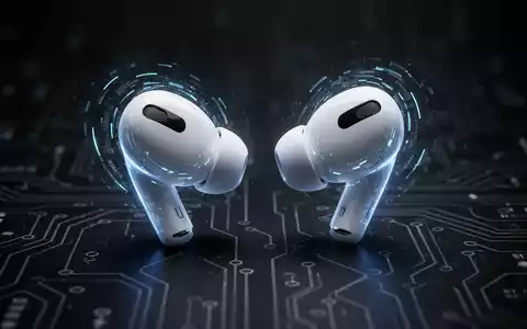 Nahaufnahme von Apple AirPods Pro Ohrhörern, dezent leuchtend, vor dunklem High-Tech-Hintergrund mit Schaltkreismustern. - Foto: über boerse-global.de