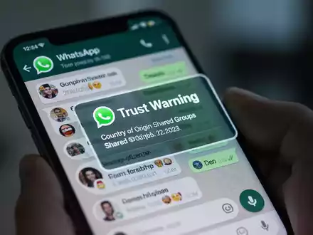 Ein Smartphone-Bildschirm zeigt einen WhatsApp-Chat mit einer 'Vertrauenswarnung' für einen unbekannten Kontakt, mit Angaben zum Herkunftsland und gemeinsamen Gruppen. - Foto: über boerse-global.de