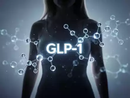 Eine stilisierte, leuchtende molekulare Struktur, die GLP-1 darstellt, subtil integriert mit einer weiblichen Torsosilhouette. - Foto: über boerse-global.de