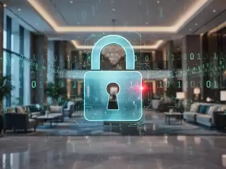 Stilisierte digitale Vorhängeschloss-Ikone über verschwommener Hotellobby mit abstraktem Binärcode, symbolisiert Cyberangriff auf Gastgewerbe. - Foto: über boerse-global.de