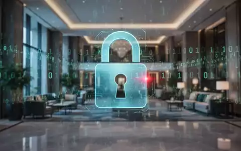 Stilisierte digitale Vorhängeschloss-Ikone über verschwommener Hotellobby mit abstraktem Binärcode, symbolisiert Cyberangriff auf Gastgewerbe. - Foto: über boerse-global.de