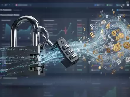 Digitales Vorhängeschloss mit austretendem Code, umgeben von Kryptowährungssymbolen, deutet auf eine Frontend-Sicherheitslücke in einem Prognosemarkt hin. - Foto: über boerse-global.de
