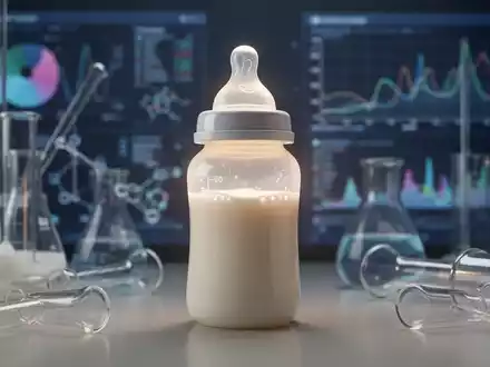 Eine Babyflasche mit Milch, umgeben von verschwommenen Laborgeräten und Datendarstellungen, die Reinheit und Sicherheit symbolisieren. - Foto: über boerse-global.de
