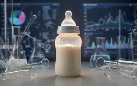 Eine Babyflasche mit Milch, umgeben von verschwommenen Laborgeräten und Datendarstellungen, die Reinheit und Sicherheit symbolisieren. - Foto: über boerse-global.de