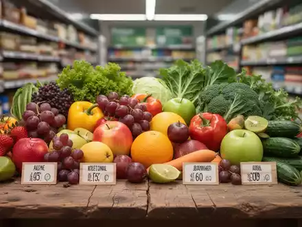 Nahaufnahme von frischem Obst und Gemüse, mit verschwommenen Nährwertkennzeichnungen und einem Supermarktgang im Hintergrund. - Foto: über boerse-global.de