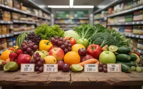Nahaufnahme von frischem Obst und Gemüse, mit verschwommenen Nährwertkennzeichnungen und einem Supermarktgang im Hintergrund. - Foto: über boerse-global.de
