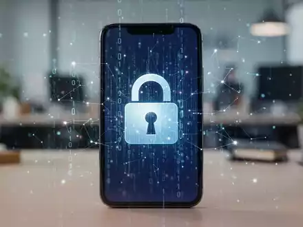 Smartphone-Bildschirm mit Schloss-Symbol, Binärcode und leuchtenden Datenpunkten, Symbol für mobiles Gerätemanagement und Cybersicherheit für kleine Unternehmen. - Foto: über boerse-global.de