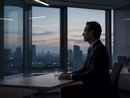 Ein einsamer Manager blickt nachdenklich aus einem Bürofenster bei Sonnenuntergang, was auf Stress und Entfremdung hindeutet. - Foto: über boerse-global.de
