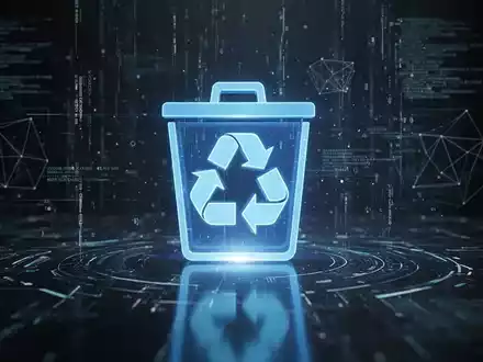Ein stilisiertes, leuchtend blaues Papierkorb-Symbol auf einer dunklen Oberfläche, umgeben von digitalen Datenströmen. - Foto: über boerse-global.de