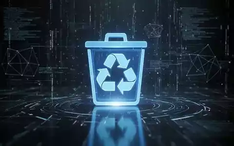 Ein stilisiertes, leuchtend blaues Papierkorb-Symbol auf einer dunklen Oberfläche, umgeben von digitalen Datenströmen. - Foto: über boerse-global.de